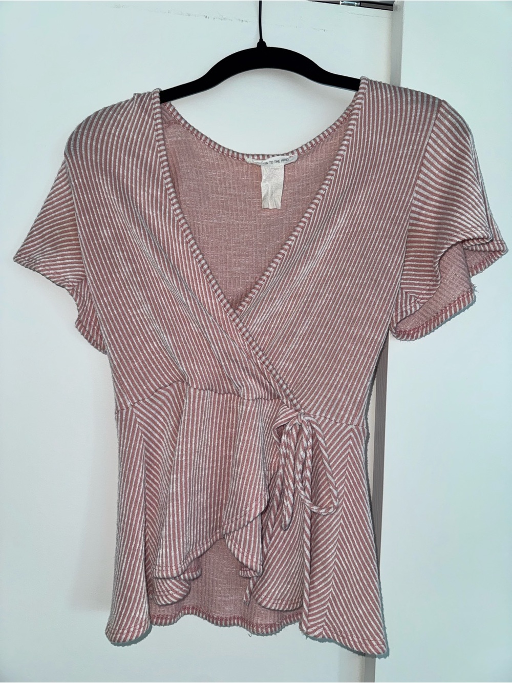 Striped Pink Wrap Tie Peplum Blouse - Feminine V-Neck